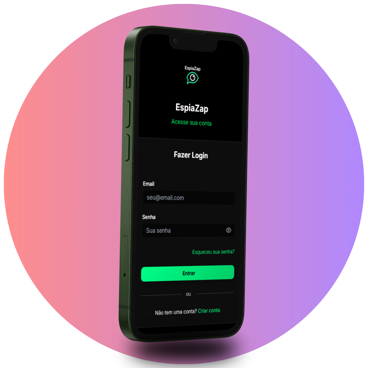 Mockup do EspiaZap com tela de login